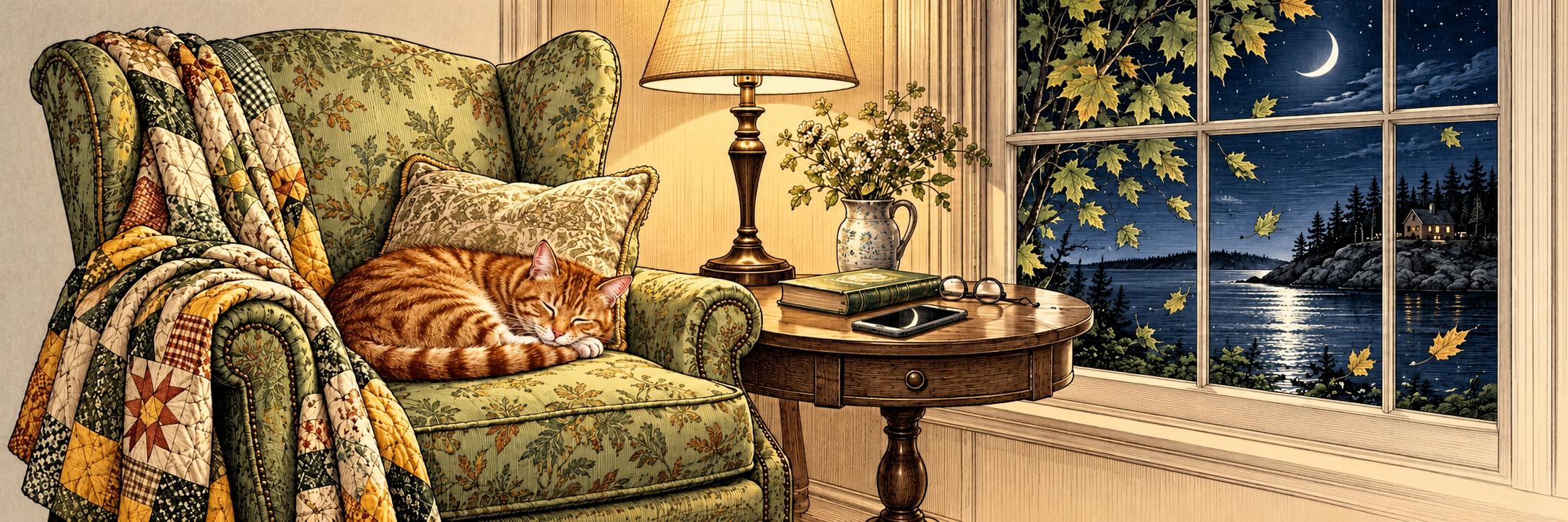 A cozy Maple Cove reading chair with a sleeping cat beside a moonlit window
