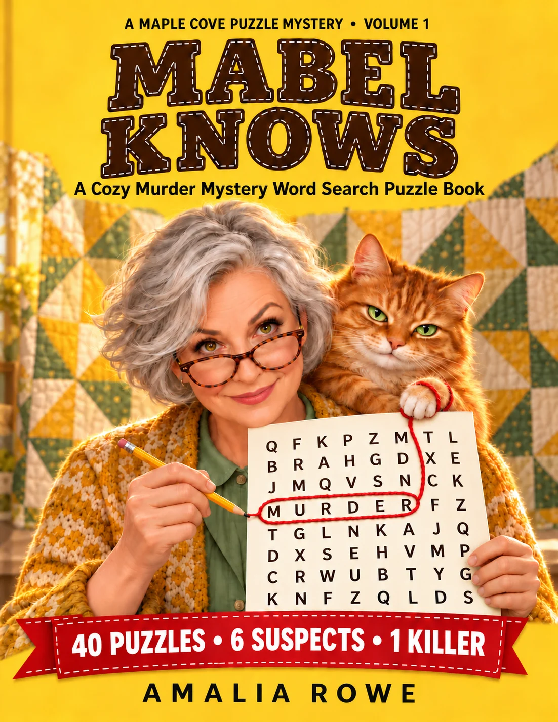 Mabel Knows cozy murder mystery word search puzzle book cover by Amalia Rowe