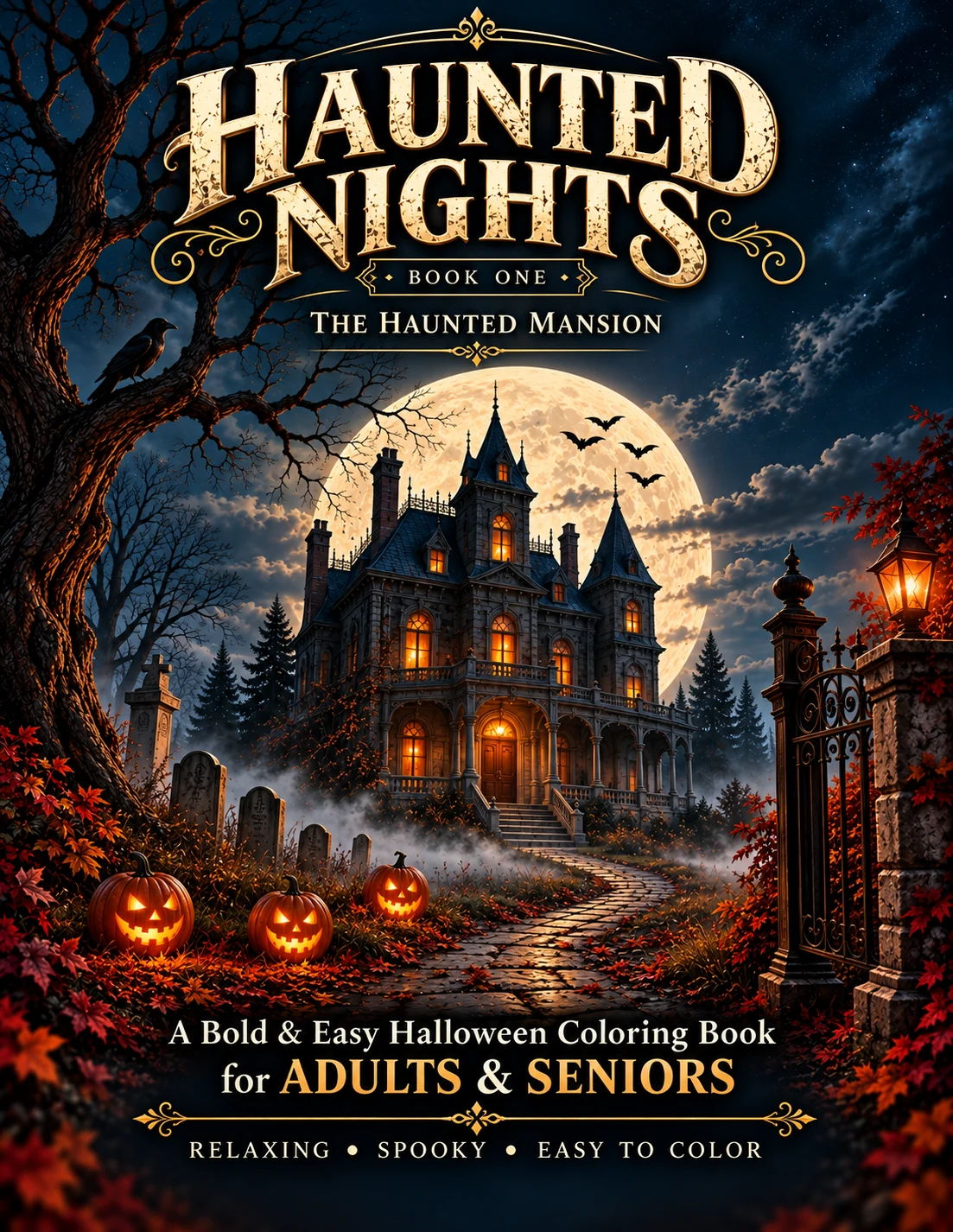 Haunted Nights: The Haunted Mansion coloring book cover by Amalia Rowe