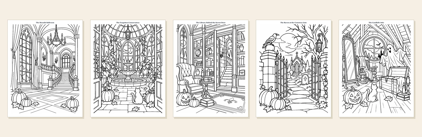 Five Haunted Mansion bonus coloring pages with a ballroom, conservatory, secret library, cemetery, and attic