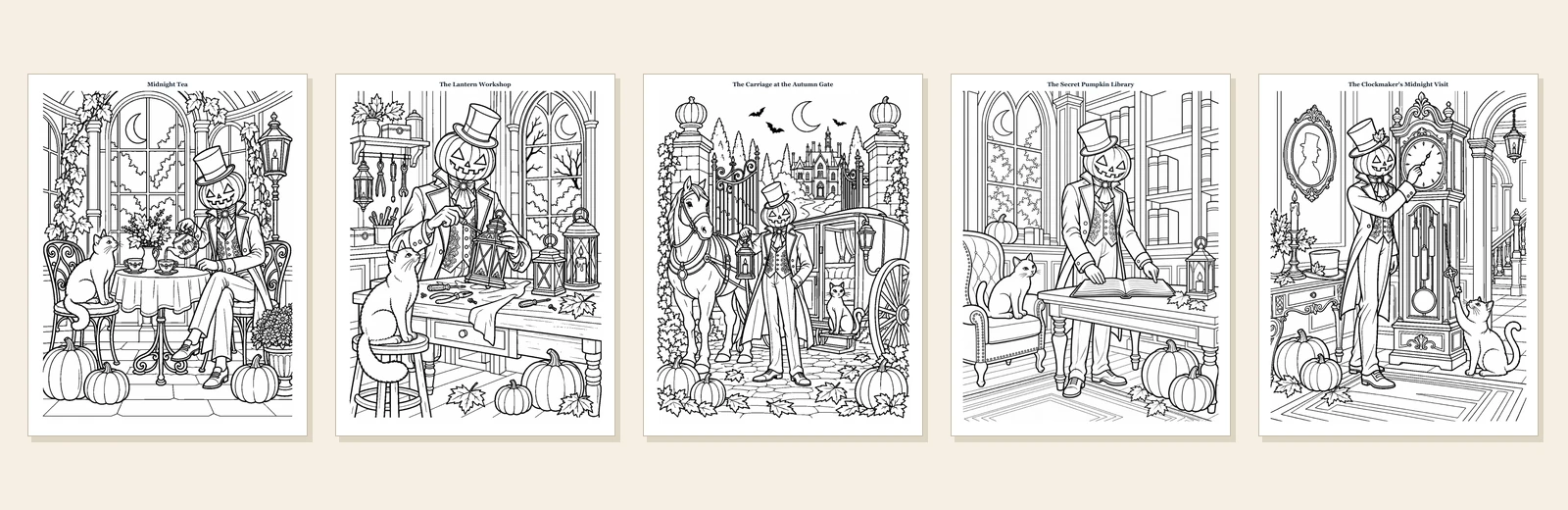 Five Pumpkin Gentleman bonus coloring pages with Victorian rooms, lanterns, a carriage, and cats